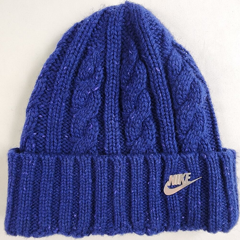 Nike Blue Knit Beanie Hat Cap Silver Metal Swoosh Comfortable Warm Boho Sport